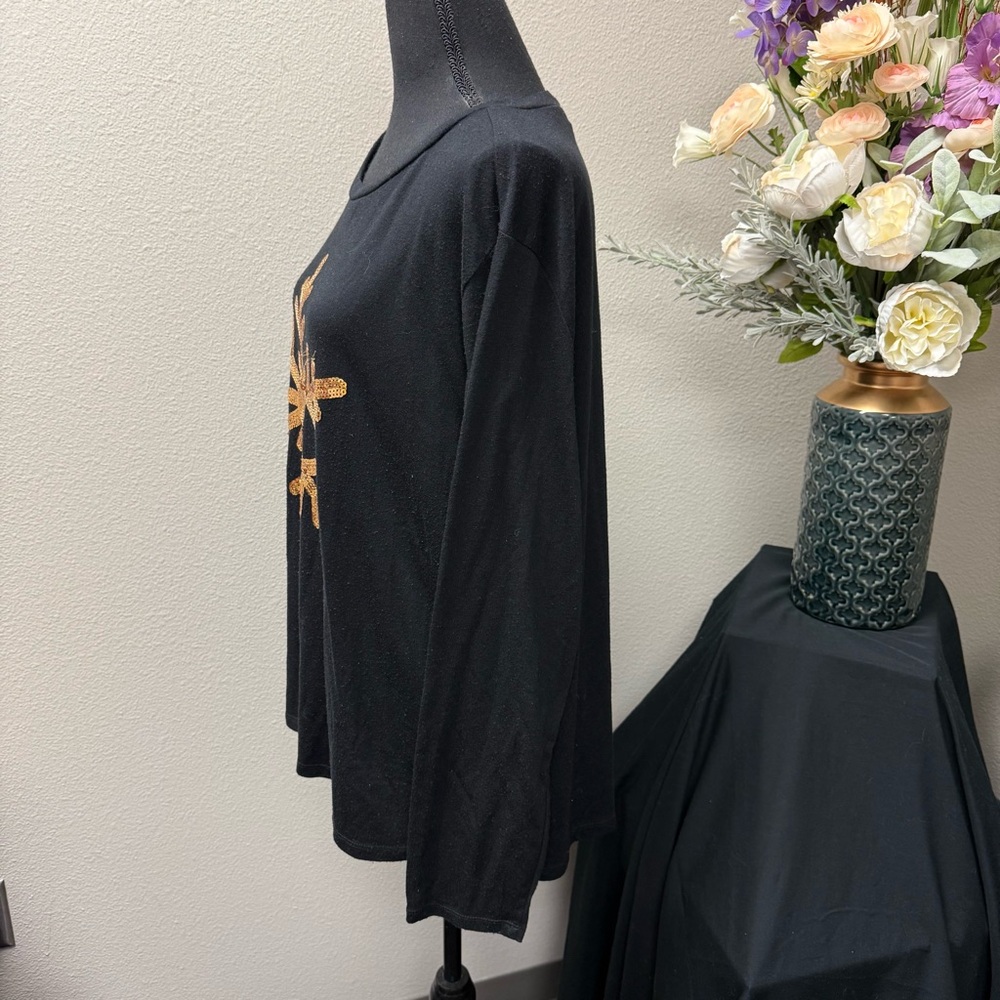 Isela Woman Black Gold Sequin Snowflake Holiday Top 1X Long Sleeve Christmas - Picture 3 of 8